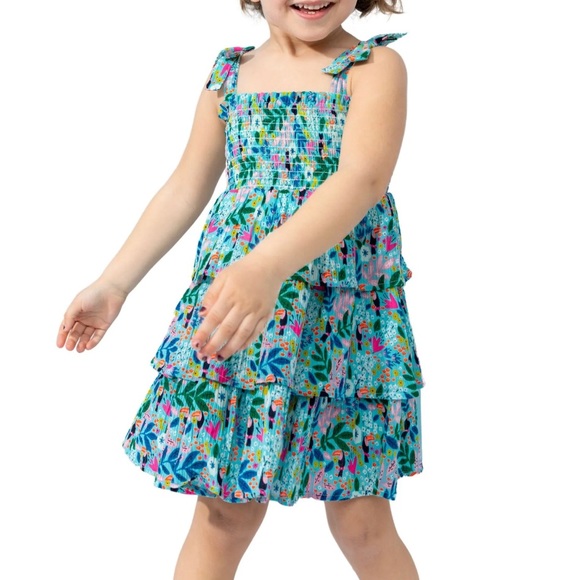 Smocked Floral Print Sundress | Multi/Aqua - Picture 1 of 6